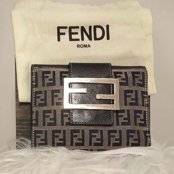 Fendi Handbags - EUC Fendi Zucchino Canvas & Leather Wallet with Dust Bag Rare Navy w/ Dust Bag